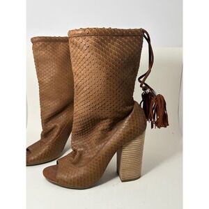 Geox Tan Brown Snakeskin‎ Embossed Leather Open Toe Tassel Slouch Boots Size 40